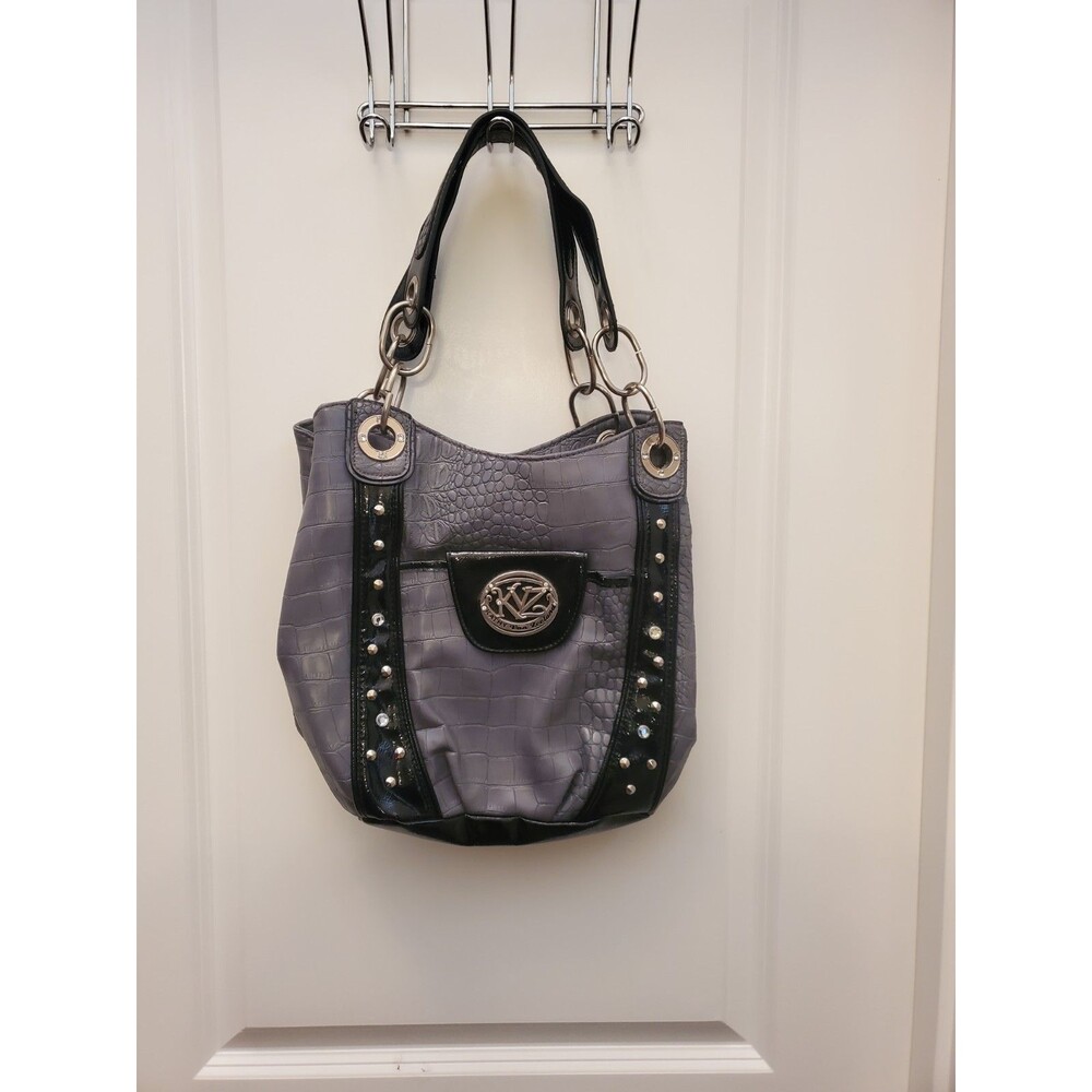 Kathy Van Zeeland Handbag Gray Croc Embossed Faux Leather Studded Shoulder Bag